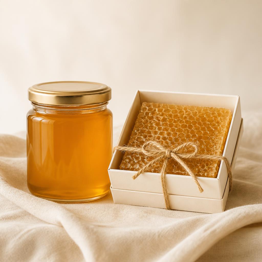 Honey jar beside a boxed honeycomb square tied with twine on cream linen