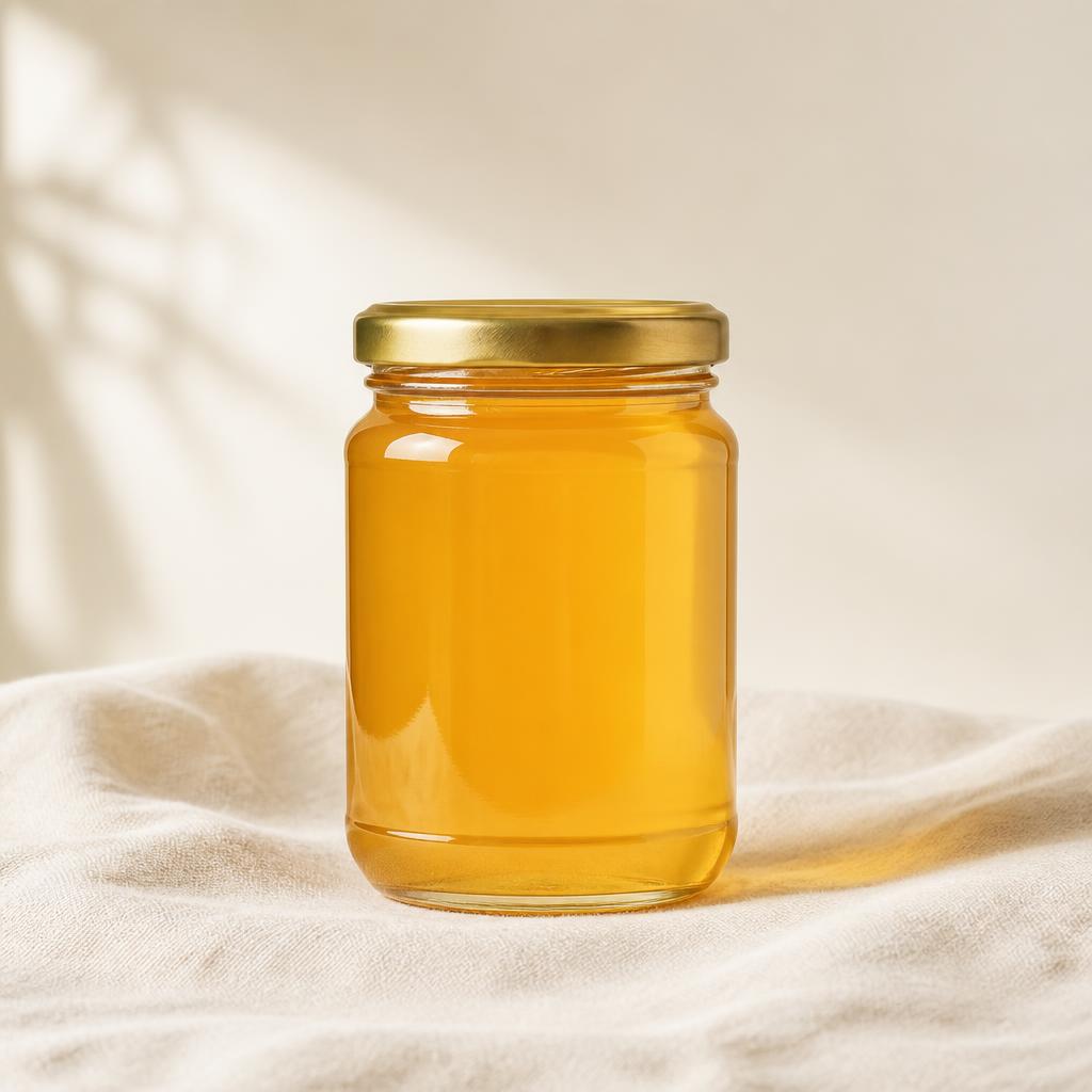12 oz glass jar of golden honey with gold lid on cream linen