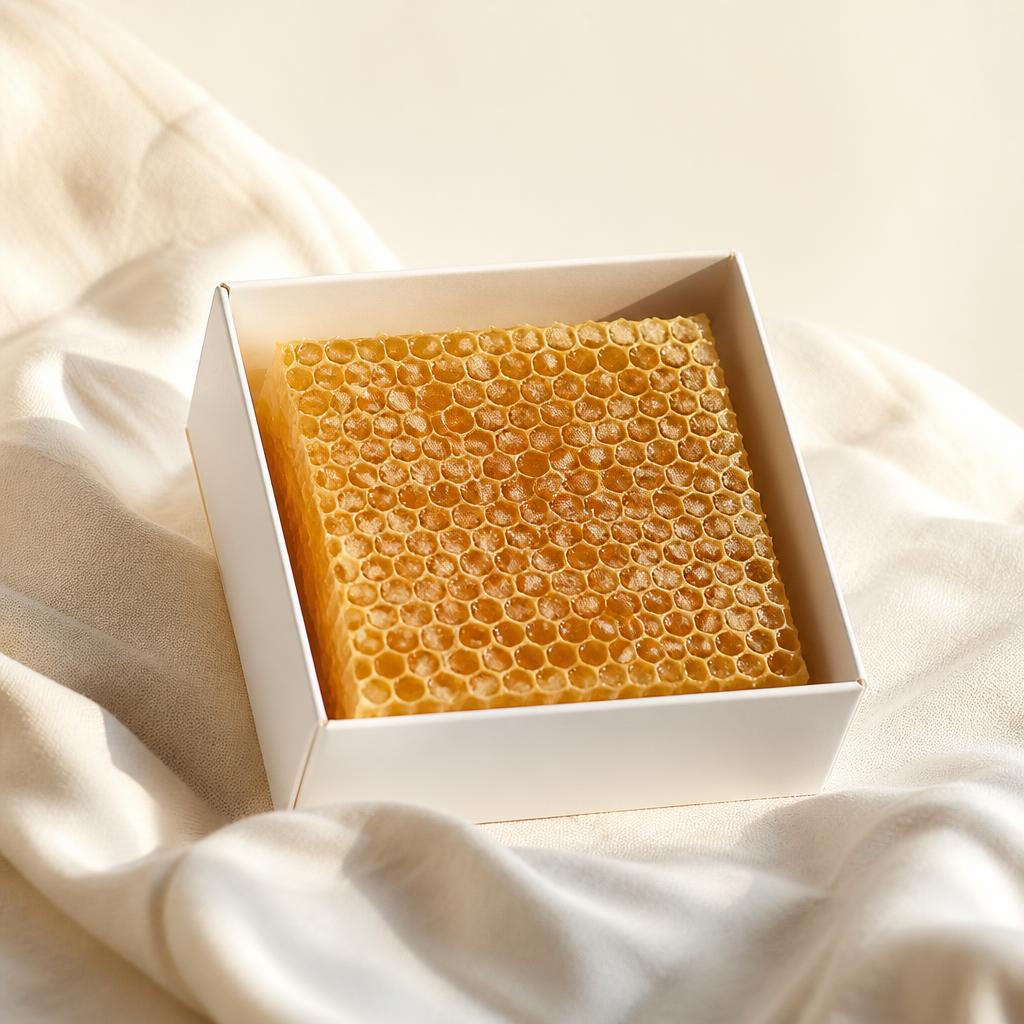 Square of golden honeycomb in an open white box on cream linen
